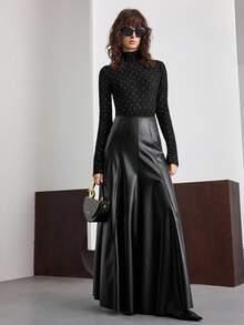 Ontre 2025 优雅皮革材质收腰高腰喇叭裙，适合女士商务休闲、通勤、日常穿着、秋季/新年 - 黑色 - 查看 2