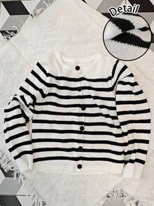 SHEIN EZwear Áo khoác cardigan sọc tối giản thường ngày dành cho sinh viên, phong cách hàng hải, mùa tựu trường, phù hợp cho phụ nữ vào mùa thu/đông, cổ điển, gợi cảm, dễ thương, Y2K, cô gái dừa, boho, hippie, lễ hội âm nhạc - Nhiều màu - Xem 7