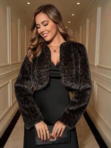 Ellevyn 女式圆领长袖前开襟豹纹棕色优雅休闲外套短款仿皮草夹克，秋冬 - 彩色 - 查看 10