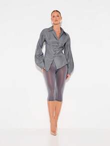 KIZN Professional Long Sleeve Button Down Pinstripe Shirt Dramatic Puff Sleeves Modern Stylish Office Career Workwear Asymmetric Business Collared Blouse - Grey - View 5