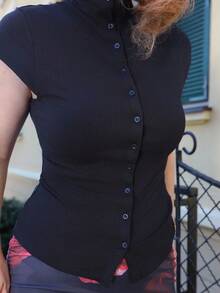 Gretanique 女士秋季纯色立领上衣盖袖单排扣休闲女式上衣，纽扣式女式针织上衣 - 黑色 - 查看 3