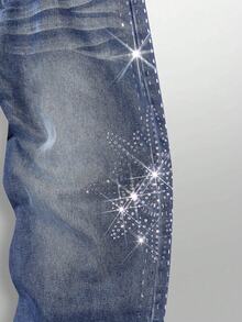 NEON BLANC Rhinestone Embellished Flared Leg Casual Jeans - Blue - View 6