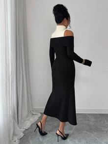 DAZY Elegant Color Block Patchwork 2 In 1 Sweater Dress, Suitable For New Year, Christmas, Wedding, Party, Formal Occasions, Autumn/Winter - Black - View 4