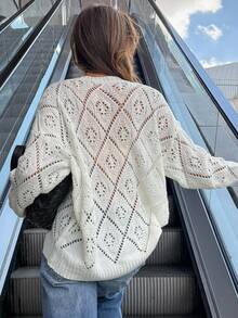 DAZY 女士时尚休闲镂空圆领宽松针织毛衣秋冬 - 米色 - 查看 3