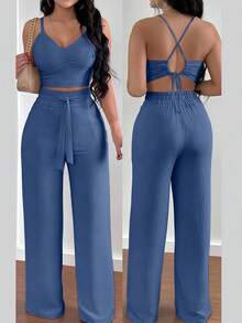 INAWLY 2 件套休闲露肩系带吊带背心和直筒裤套装