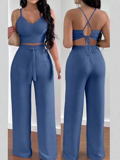 INAWLY 2 件套休闲露肩系带吊带背心和直筒裤套装