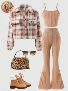 Conjunto de 3 piezas de chaqueta corta de peluche con bolsillos falsos, camiseta de tirantes acanalada de unicolor y pantalones slim acampanados para niñas, estilo vintage casual, para otoño/invierno - Caqui - Ver 3