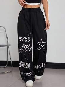 INAWLY Pantalon long décontracté pour femmes avec imprimé lettres et cordon de serrage à la taille, automne