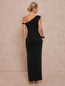 Lumalex 女士不对称露肩金属装饰修身连衣裙，婚礼宾客礼服 - 黑色 - 查看 2