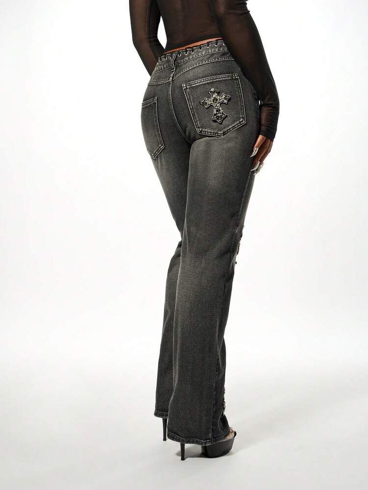 SUMWON WOMEN High Rise Jeans With Cross Embellishments
