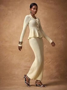 Zivah Autumn/Winter New Long Sleeves Ruffled Hem, Slim Metal Buckle Decoration, Striped Ribbed Woolen Top + Body-Hugging Skirt, Long H-Shaped Straight Skirt, Mid-High Slit Skirt, Woolen Suit, Beige Women's Sweater  Elegant Women's Set  New Year Clothes - White - View 4