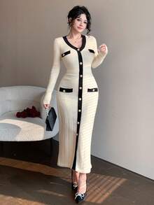 DAZY Women's Autumn Colorblock V-Neck Long Sleeve Single-Breasted Fitted Elegant Knit Dress Sweater Dress - White - View 7