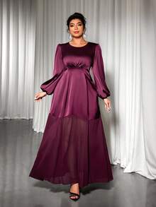 Cravure Váy đuôi cá tay bồng thanh lịch, tay đèn lồng, thắt eo, chất liệu satin và chiffon, cổ tròn, cỡ lớn, dành cho tiệc tùng và dạ tiệc - Màu đỏ tím - Xem 5