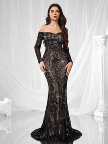 Coutiva Vestido elegante y hermoso con contraste de color con lentejuelas, espalda descubierta, manga larga y caída de hombros, adecuado para cenas formales, ceremonias de graduación, invitados de boda y fiestas de cumpleaños - Negro - Ver 9