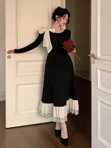 DAZY Women's Elegant Long Fitted Dress With Contrast Color, Off-Shoulder, Tie-Up Bow Detail - Black - View 2