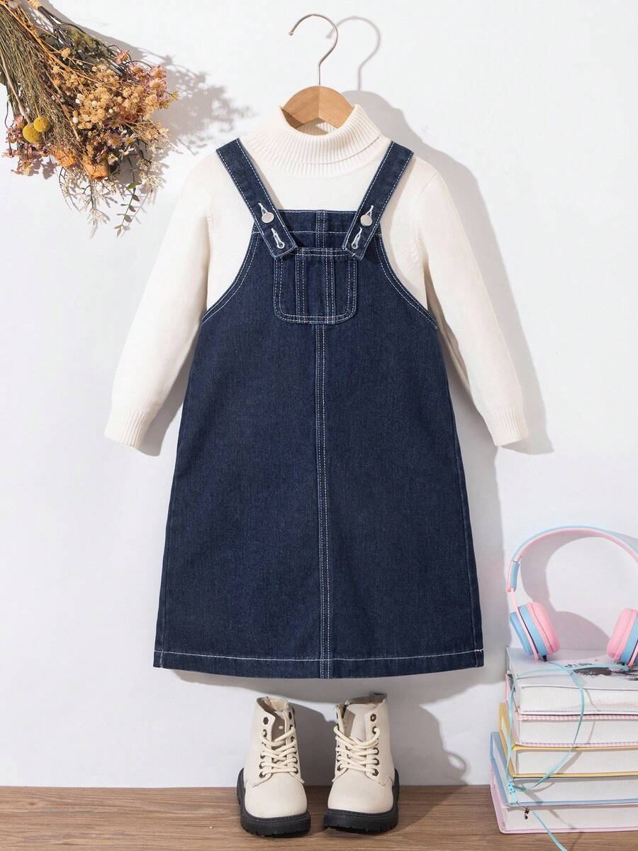 SHEIN Young Girl' Y2K Casual Old Money Outfits Navy Blue Solid Washed Denim Long Dress Without Tee,Denim Overalls Jeans Dress,Girls Cute Fall Autumn Clothes Outfits,Kids Back To School Homecoming Dress,Christmas Dress,Halloween Costume Outfits - Dark Wash - View 1