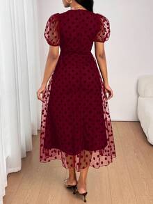 SHEIN Lady 女士优雅波尔卡圆点网眼罩层通勤连衣裙 - 酒紅色 - 查看 2