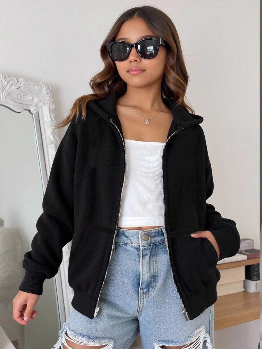 SHEIN Tween Girls Casual Hooded Cardigan Jacket, Autumn/Winter Fall - Black - View 1