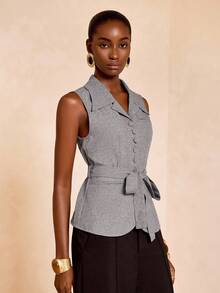 Zivah 2025秋冬新品，学院风，学生装，日常休闲，百搭，度假，街头，通勤，灰色翻领背心，假口袋，无袖，适合日常休闲穿着 - 灰色 - 查看 3