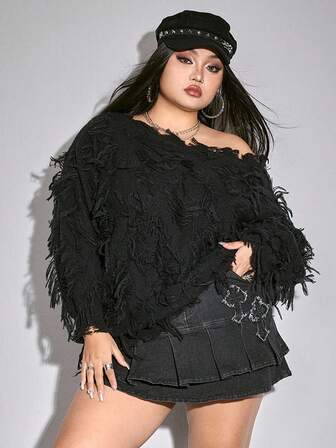 Grunge Punk Maglione casual a maglia con spalla obliqua, taglie comode