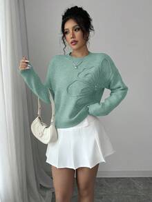 Elenzga Women's Crew Neck Floral Pattern Solid Color Pullover Sweater - Mint Green - View 3