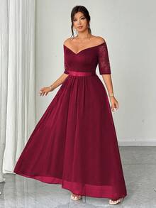 Elenzga Große Größen Elegantes romantisches Weihnachts-Partykleid in Rot für Damen, Spitzen-Patchwork Off-Shoulder Kurzarm Taille Raffung Chiffon fließendes Maxikleid, Frühling/Herbst