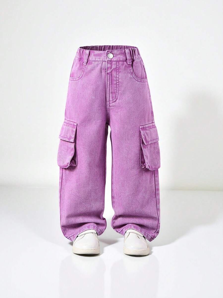 SHEIN 年轻女孩复古街头风格直腿牛仔工装裤