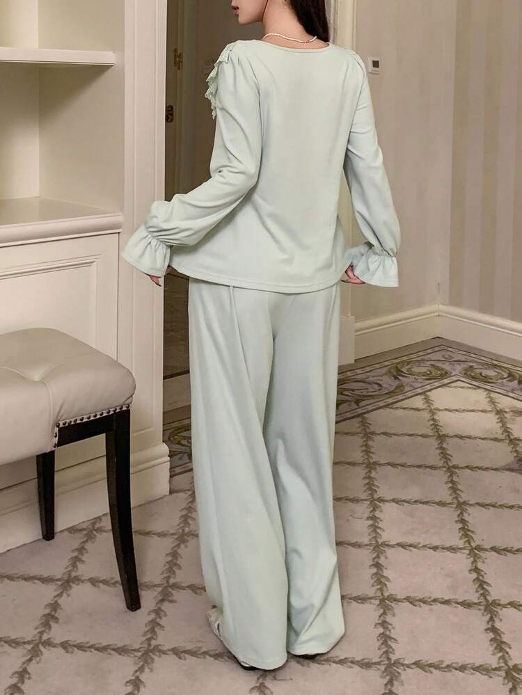Women's Romantic Lace Trim Brushed Pajama Set, Winter, Fall Clothes