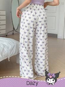 DAZY HELLO KITTY AND FRIENDS | SHEIN 女士舒适卡通图案抽绳腰带睡裤，冬季 - 白色 - 查看 2