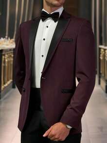 Manfinity Mode Men's Elegant Single-Button Suit Blazer Jacket, Burgundy Contrast Black Design, Visually Striking With Layered Styling, Suitable For Commuting, Business, Parties And Banquets. This Suit Jacket Is An Indispensable Versatile Item In A Man's Wardrobe, Making It A Great Gift For A Boyfriend Or Husband, For Christmas