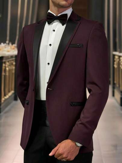 Manfinity Mode Blazer elegant pentru bărbați cu un singur nasture, design vișiniu cu contrast negru, blazer formal de seară pentru toamnă, pentru nuntă, afaceri, petreceri și banchete, Crăciun și ceremonii