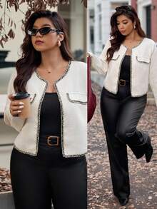 Vionelle Plus Size Women's Elegant Black And White Formal Office Cardigan Jacket,Featuring Chest Pocket,Front & Hem Lace Trim,Long Sleeve,Autumn Winter Cloth - White - View 1