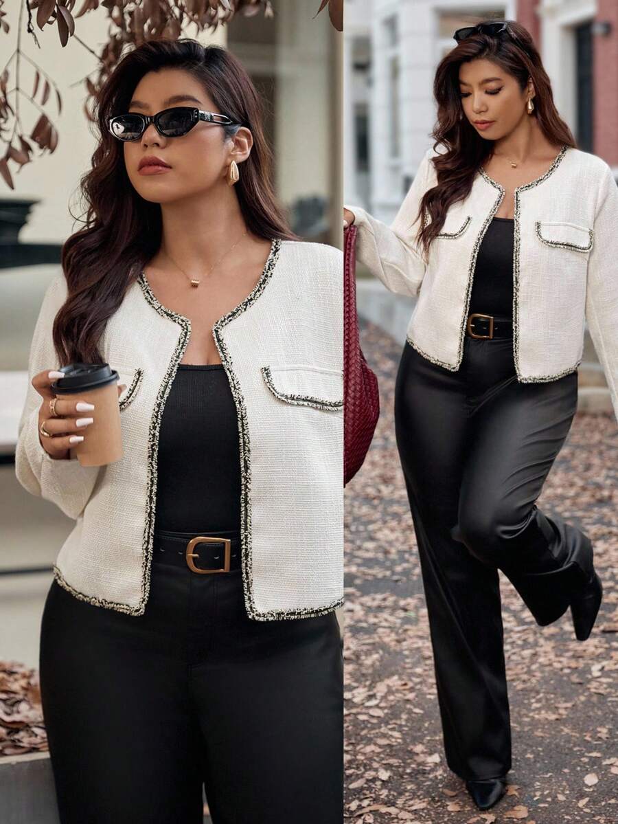 Vionelle Plus Size Women's Elegant Black And White Formal Office Cardigan Jacket,Featuring Chest Pocket,Front & Hem Lace Trim,Long Sleeve,Autumn Winter Cloth - White - View 1