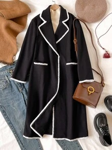 优雅休闲黑色外套，适合青春期女孩，白色蕾丝边，修身剪裁，精致衣领，时尚别致 - 黑色 - 查看 5