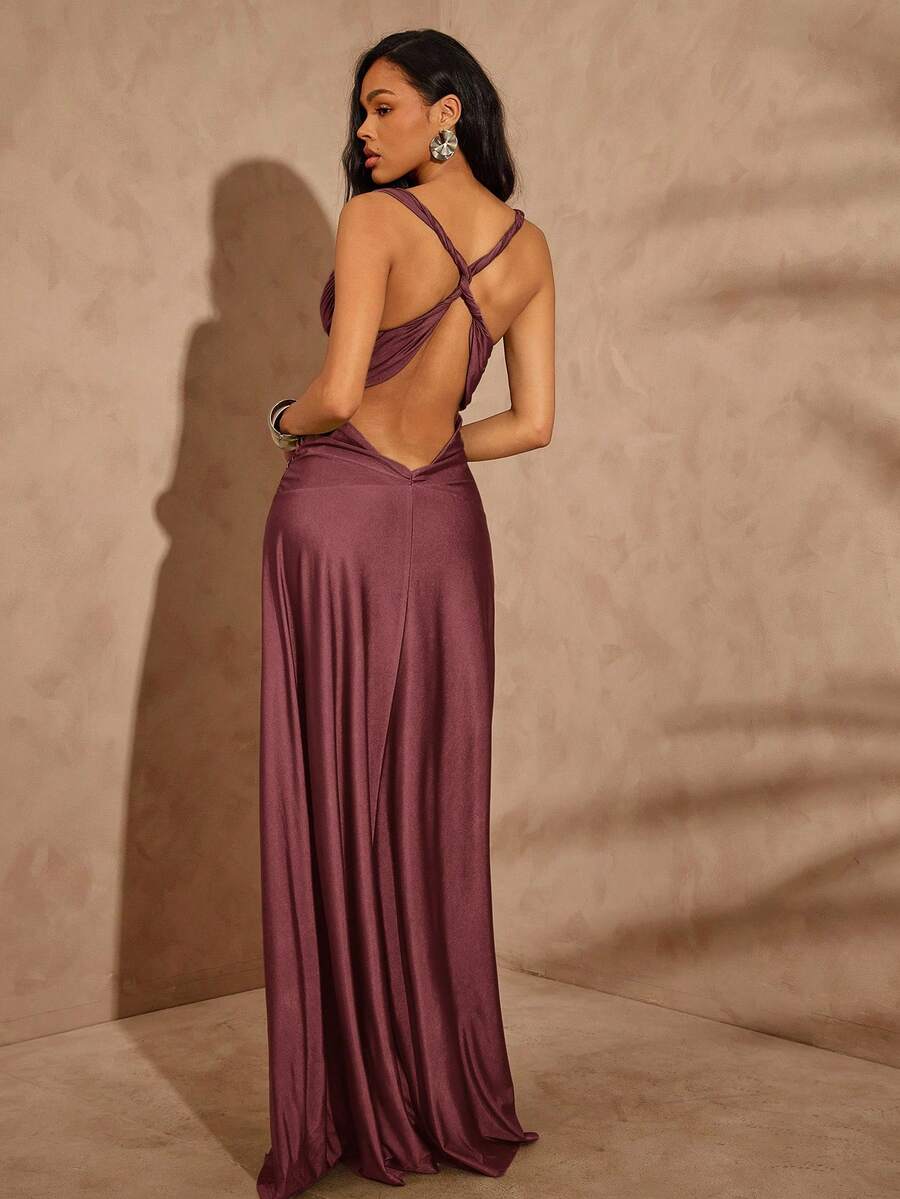 Hauture Women's Summer Vacay Sexy Night Out Olive Green Back Twisted With Low V Neck Maxi Dress