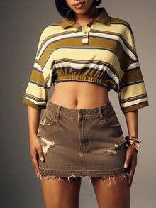 Denimoi 毛边下摆斜口袋休闲迷你牛仔裙 - 棕色 - 查看 2