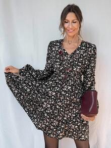 Livesso Vestido midi de manga larga con cuello en V y cintura ceñida con estampado floral diminuto, estilo vacacional