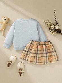 Souflis Souflis 2pcs/Set Baby Girl French Academy Style Light Gray Versatile Thick Sweatshirt Paired With Yellow Plaid Skirt, Autumn/Winter Fall - Grey - View 3