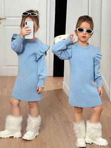 SHEIN Young Girls Baby Blue Ribbed Knit Sweater Dress,Long Sleeve Ruffled Round-Neck Casual Fairy Dress For School,Back-To-School,Autumn Winter Outfits - Blue - View 1