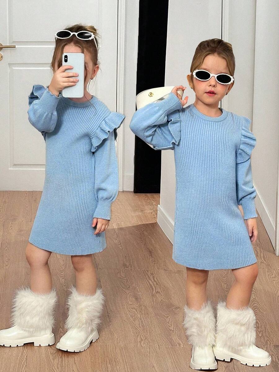 SHEIN Young Girls Baby Blue Ribbed Knit Sweater Dress,Long Sleeve Ruffled Round-Neck Casual Fairy Dress For School,Back-To-School,Autumn Winter Outfits - Blue - View 1
