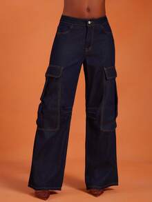 NYA SZN Navy Blue Summer Streetwear Everyday High Rise Cargo Denim Pant Barrel Jeans Pocket Detail Comfortable Classy Elegant Fall Cotton Dark Wash Raw - Dark Wash - View 4