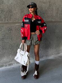 SHEIN 少女落肩撞色字母印花飞行员夹克，秋冬街头休闲风 - 紅色 - 查看 3