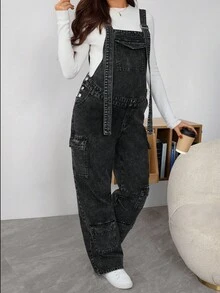 SHEIN Maternity Cargo Pocket Wide Leg Loose Casual Denim Bib Overall Jumpsuit