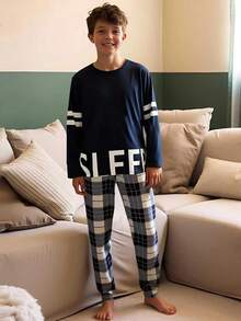 Teenage Boys' Navy Blue Plaid English Element Combination Long Sleeve Top And Pants, Minimalist Stylish Outfit, Suitable For Casual Home Wear, Highlighting Teenagers' Sunny And Leisure Characteristics Fall Winter - Navy Blue - View 7