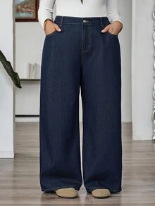 SHEIN CURVE+ 大码纯色休闲宽松牛仔裤 - 藍色 - 查看 4