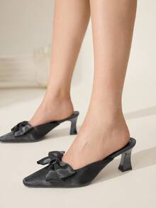 CUCCOO CHICEST Women's Elegant Bow-Knot Square Toe Block Heel Pumps, Romantic Fashion Gothic Black Satin High Heels, Mules, Dress Shoes For Formal, Party, Date, Thanksgiving, Christmas, Valentine's Day - Black - View 6