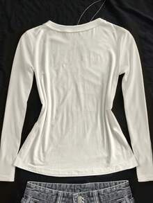 INAWLY Áo thun dài tay màu trắng cỡ lớn thêu chữ thập cho nữ - trắng - Xem 2