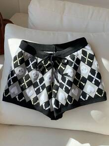 Comfortcana 女士秋季抽绳腰骷髅头和心形图案休闲宽松针织短裤万圣节 - 黑與白 - 查看 3