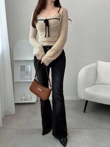 FRIFUL 女式杏色纯色内袋无袖夹克，长袖撞色抽绳蝴蝶结针织毛衣两件套，秋季 - 卡其色 - 查看 2