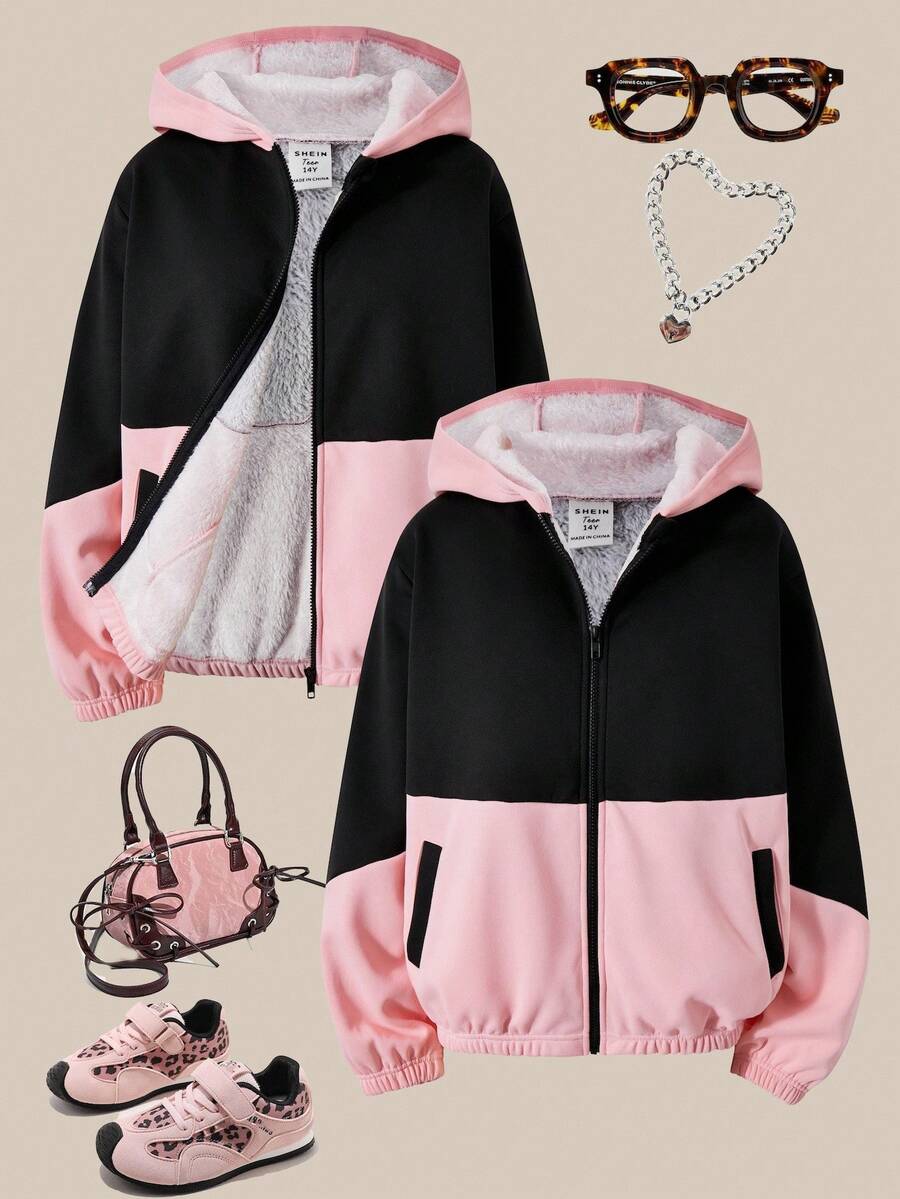 SHEIN 1 pezzo Felpa con cappuccio per ragazze adolescenti, maniche lunghe, fodera termica color corallo, tasche laterali, design a blocchi di colore, casual sportivo, vestibilità morbida, versatile, adatto per Natale, Ognissanti, autunno/inverno - Multicolore - Visualizzare 1